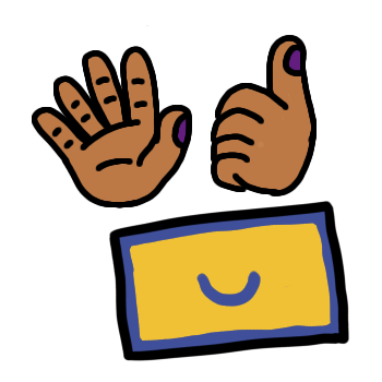 two dark skinned hands with purple nailpolish, one with an open hand palm facing the camera, and one giving a thumbs up, are above a toki pona flag, which is mostly yellow with a blue border and a blue sitelen pona symbol for 'pona' in the center.